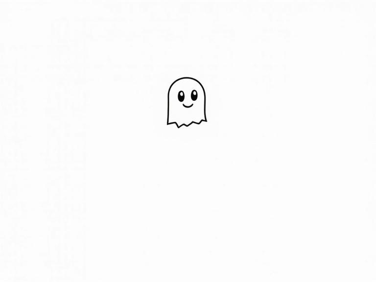 A minimalist ghost character with a smile and oval eyes. The ghost is centered and isolated on a white background with clean line art. It has a simple design with no complex features. Ideal for children's Halloween apparel.