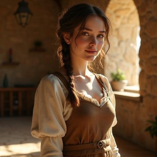 Young woman in medieval fantasy setting. She has warm brown eyes and a kind smile. Pale skin with subtle freckles. Chestnut brown hair in a braid. Wears a modest dress in earthy tones with an apron. Stands in a cozy rustic cottage bathed in warm light.