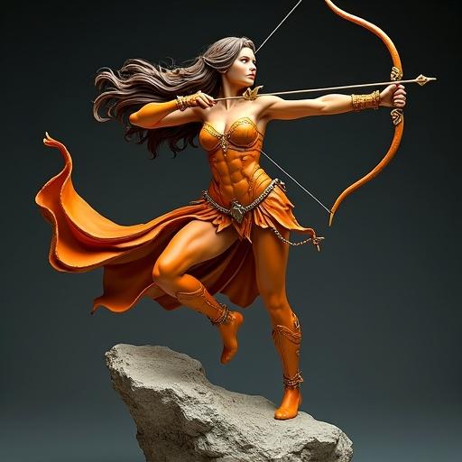 Resin statue features a goddess inspired by Sagittarius. The figure is muscular and stylized. She wears orange armor with mystical details. In a dynamic pose, she unleashes an arrow from her bow. Her expression is fierce and determined. Long hair flows in the wind. Armor combines golden plates and dark leather. The base is a floating rock with a cosmic background.