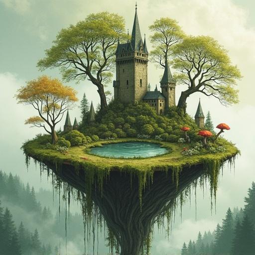 Floating island in the sky covered with moss and ivy. Ancient twisted trees surround the tall medieval tower. Conical roofs glow with faint runes. The tower is encircled by tall stones and small houses. Beneath the island, roots hang into the mist. A reflective pond lies on the island. Waterfalls surround mushrooms and ferns. Sketchy hand-drawn style in muted watercolor tones.