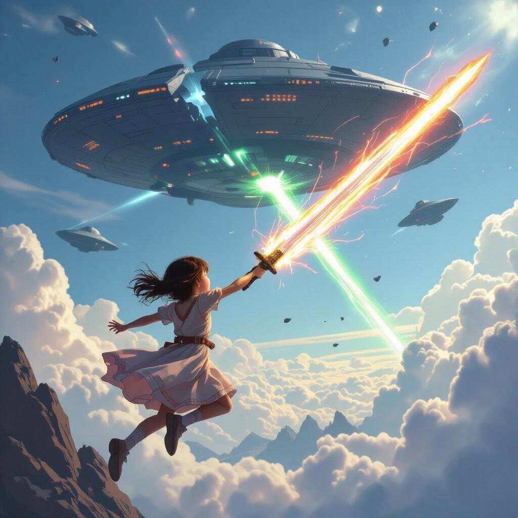 Young girl in a dress flies high through the sky. She slashes a giant plasma sword towards an alien spacecraft. The spacecraft is looming and starts to split in half. The scene is energetic and colorful.