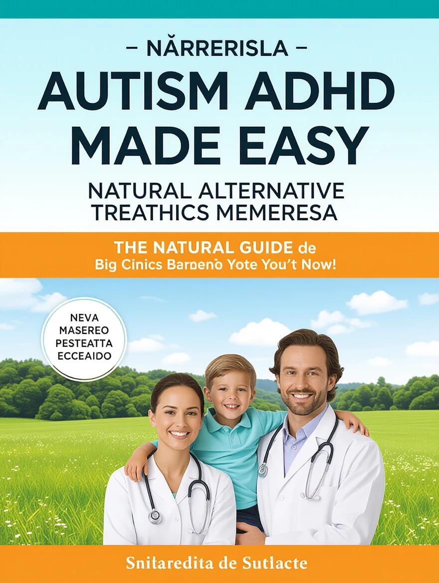 Create an eBook cover titled Autism and ADHD Made Easy. Highlight natural alternative treatments. Include a family with doctors. Use bright colors for a health-focused design. Display informative text prominently.