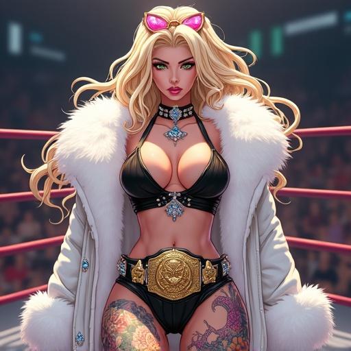 Anime character inside a modern martial arts arena. Female figure with emerald green eyes. Elegant light blonde hair. Wearing light pink diamond jewelry. Edgy modern ninja battle kimono. Fur coat on top. Holding a championship title belt. Vibrant tattoos on skin. Sadistic grin. Cybernetic right leg. Light gold and onyx black accents.