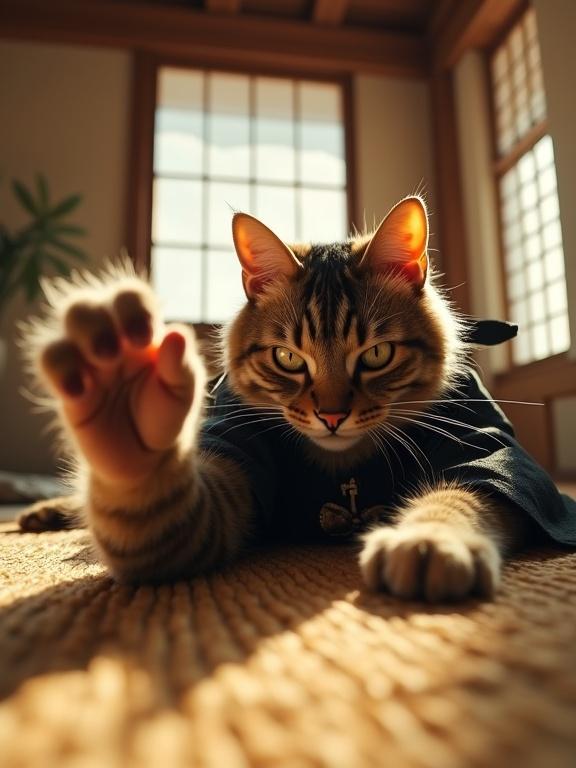 Humanoid cat samurai wakes up on straw tatami mat in wooden Japanese room. Sunlight filters through shoji screens. Cat stretches paw into frame. Natural light enhances textures and details.