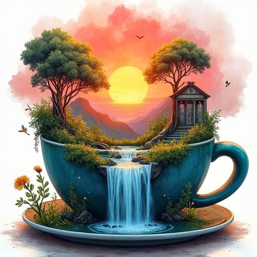 3D watercolor illustration showing a vibrant sunset and a mysterious landscape. It features a large coffee cup with a waterfall, surrounded by greenery, architecture, and forest elements.