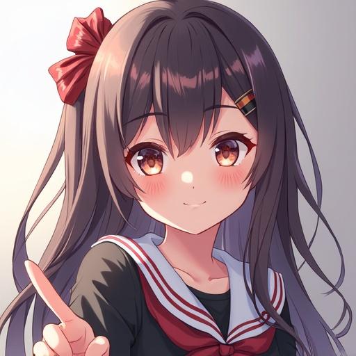 Masterpiece digital art of an anime girl with a bow pointing and a cheerful expression