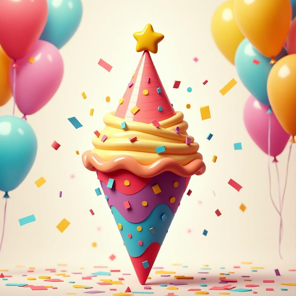 A birthday cone styled in Frutiger Aero. Bright colors including pink and blue. Confetti and balloons in the background.