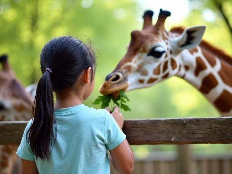 Photo features young girl with black ponytail wearing light blue t-shirt. She stands behind wooden fence facing giraffe on right side. Giraffe reaches out with its tongue to get leaves from girl's hand. Giraffe has light brown and white spots. Background includes vibrant green trees and sunlight. Another giraffe is partially visible on left. Daytime outdoor setting with natural light. Wooden fence has horizontal slats, few brown blocks on top. Girl's back to camera, giraffe's head in profile, blurry background. Captures casual wildlife interaction in peaceful atmosphere.