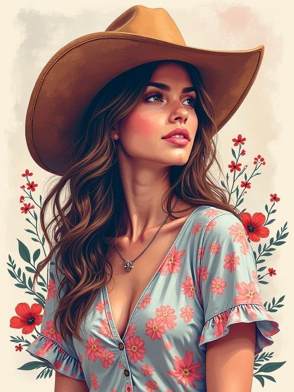 Design a t-shirt with a floral cowgirl woman in pastel colors for a soft inviting look.