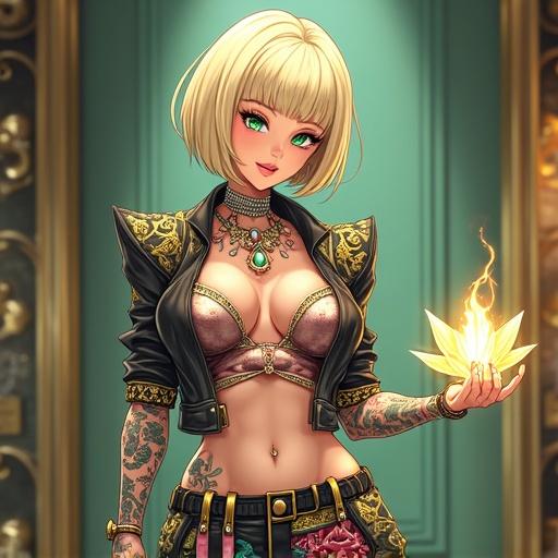 Anime character stands confidently in a luxurious modern mansion holding light gold energy. She has emerald green eyes and an oversized light blonde bob hairstyle. Dressed in edgy and sexy streetwear with samurai prints. Tattoos are colorful and traditional Japanese styles on her muscular arms. Badass grin shows her personality. Surrounded by trophies in a trophy collection room, creating a unique blend of futuristic elements and cultural references.
