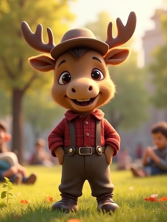 3D artistic rendering of a baby moose. Dressed in a red plaid shirt with suspenders. Wearing a small mountie-style hat. Located in a lively public park during the day. Surrounded by greenery and people in the background. The overall vibe is warm and joyful with soft lighting and high details.