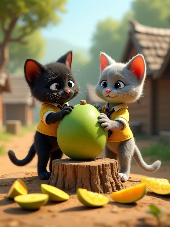 Two cute kittens work on a large green mango. One kitten is black; the other is grey. Kittens wear shirts and ties. They stand on a tree stump. Pieces of mango are scattered around. Village huts are in the background. Bright clear lighting illuminates the scene.
