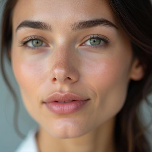 Close-up shot of a woman after plastic surgery. Focus on her facial features. Captured in soft natural light.