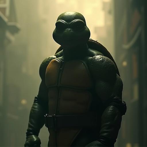 Image of a Ninja Turtle character named Donatello. The character is positioned prominently with a blurred background to create focus. The design emphasizes muscular features and iconic colors associated with the character.
