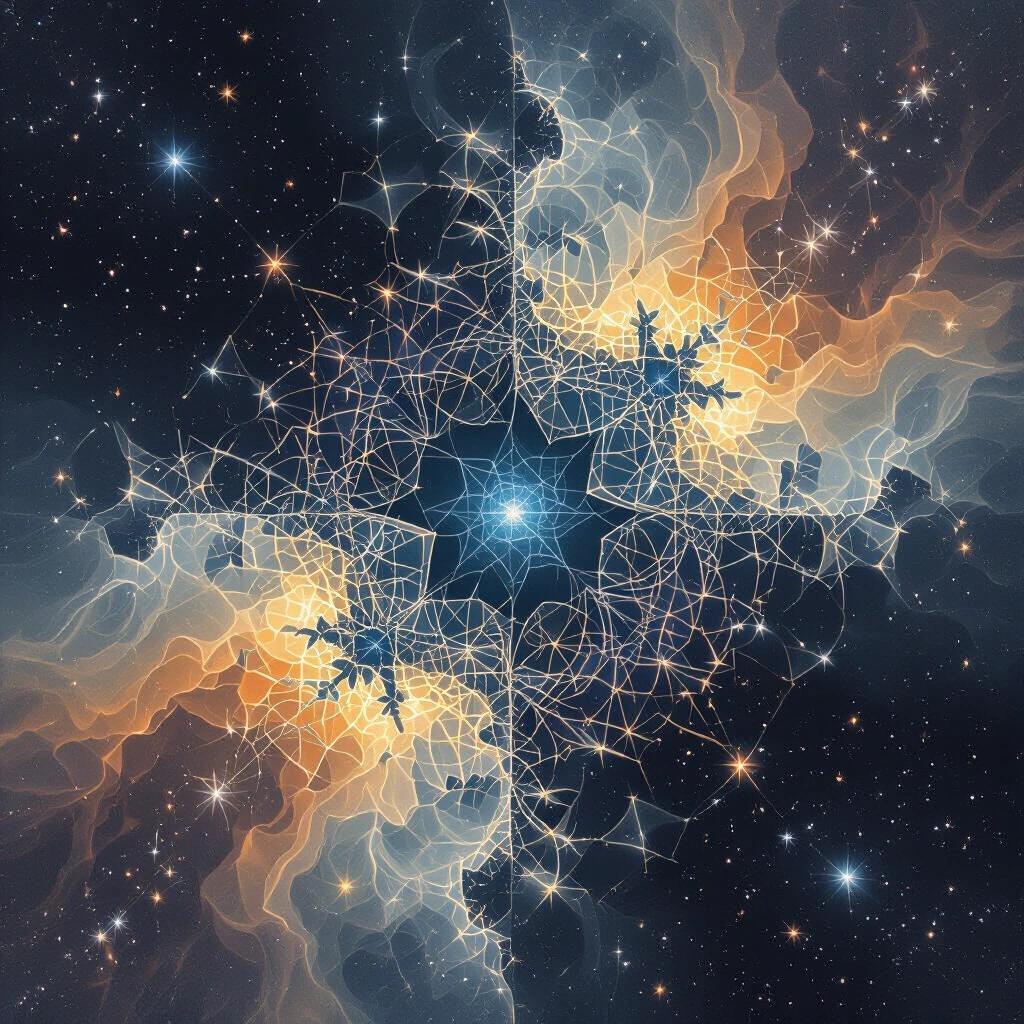 High tech design featuring geometric Mandelbrot patterns in a dark nebula with cosmic elements.