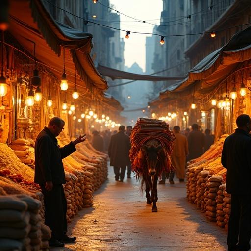 The Khan el-Khalili bazaar at dusk. Stalls glow under string lights. Sacks of spices lie on the ground. A vendor gestures towards brass teapots. Long shadows fill the space. A donkey with carpets walks through crowds. Warm tungsten light and dust are present.