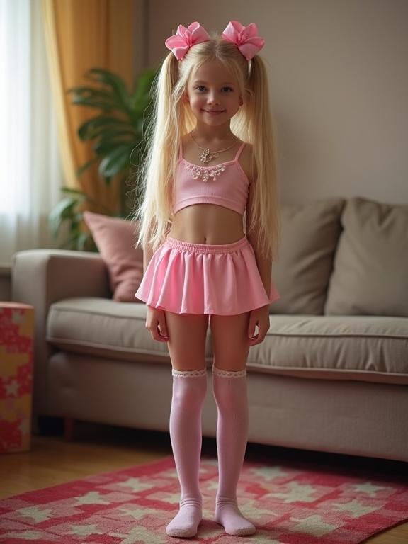 Girl with long blonde twin tails wearing a pink crop top and skirt with bows in a living room. Bright atmosphere and colorful rug. Natural light.