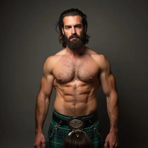 Portrait of a 45-year-old man with a beard and long graying hair. Sculpted body with no excessive muscles. Dressed in Scottish traditional clothing wearing only a kilt.