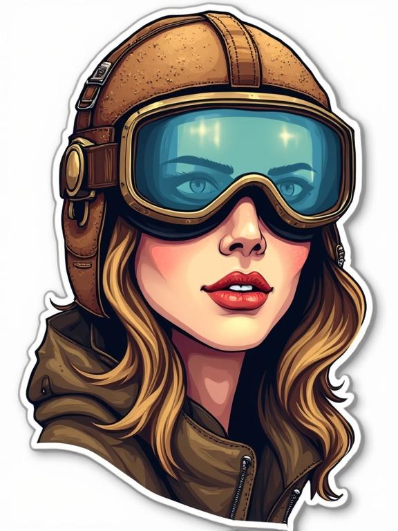 Sticker design featuring a beautiful female aviator wearing a sprinkled helmet and goggles. Emphasis on earthy tones and a grey outline. Highly detailed illustration of a woman with flowing hair, conveying a sense of adventure and strength.