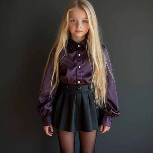 A young teenager with long blonde hair and blue eyes wears a purple satin blouse and black skirt with stockings and high heels.