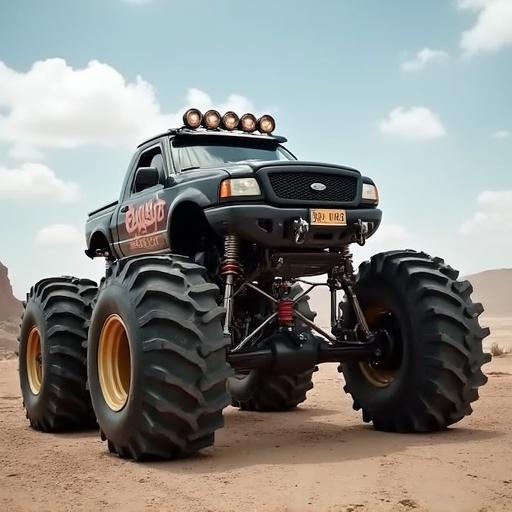 Image of a giant monster truck with oversized tires in a desert landscape. The truck has custom modifications, bright lights on the roof, and a bold color scheme. It is parked on rough terrain with mountains in the background.