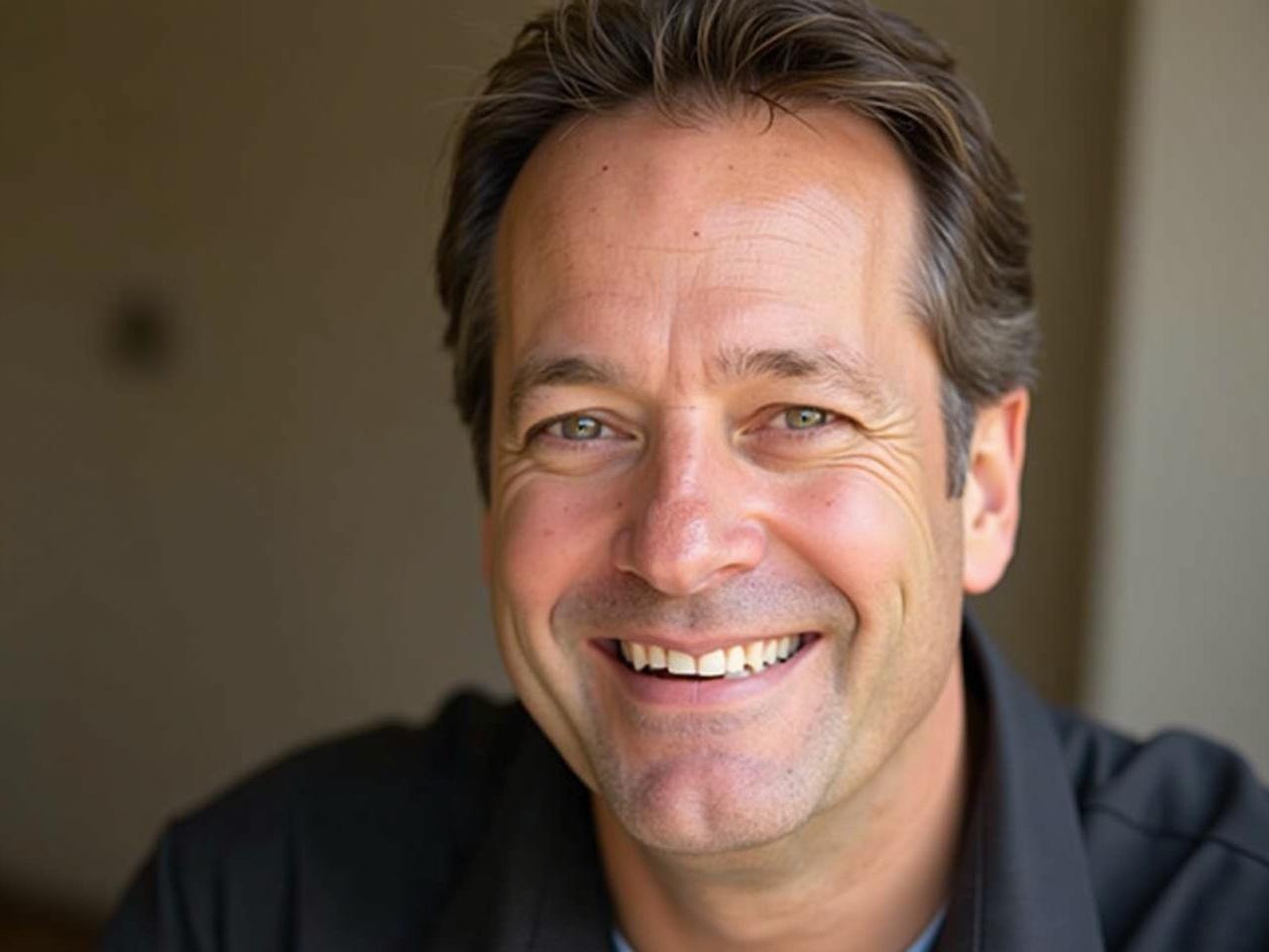 The image features a man with a friendly smile and short, slightly wavy hair. He has a medium complexion and is wearing a dark, collared shirt. The background is blurred, focusing attention on his face. The lighting highlights his cheerful expression, suggesting a positive demeanor. The man appears to be in a relaxed setting, contributing to an approachable feel.