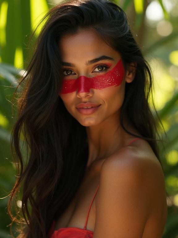 Female model with flowing black hair wearing red war paint gazing at the viewer with a soft smile. Sun-kissed skin glows under filtered light. Bare shoulders turned slightly. Hair strands catch highlights. Background shows lush green forest with blurred bokeh.