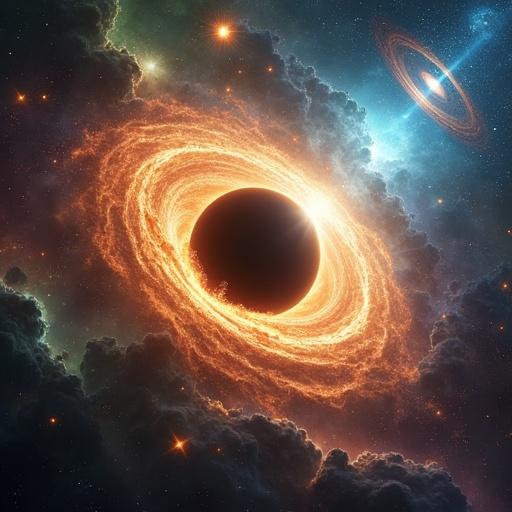 Universe inspired by Hindu cosmology. Center features a supermassive black hole symbolizing Lord Shiva with a glowing accretion disk in warm colors. Three spiral galaxies symbolize different yugas in Hindu philosophy. One exhibits gravitational lens effect from a distant quasar. Upper left shows two elliptical galaxies in blue and purple, symbolizing the divine realm. Lower right depicts one irregular galaxy in cool tones, representing the mortal world. Foreground has a colorful nebula in shades of green, orange, and purple. Bright blue quasar with an energy jet in the upper right corner. Includes star clusters and comets. Wide-angle perspective to emphasize vastness.