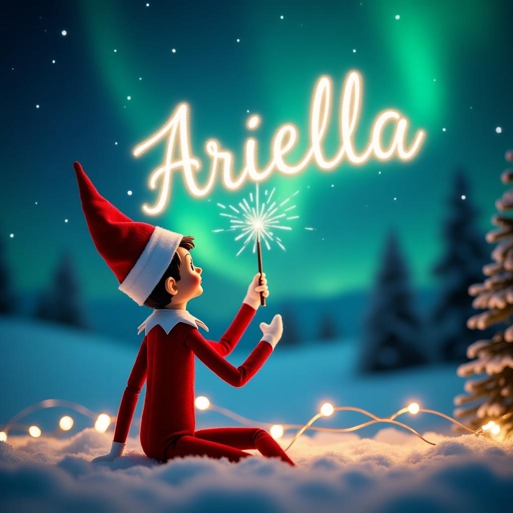 Charming Elf on the Shelf character looking at a magical sky. Elf elegantly inscribes 'Ariella' in the sky with a wand. Northern lights illuminate the scene. Twinkling lights enhance the cozy atmosphere. Captures holiday joy and wonder.