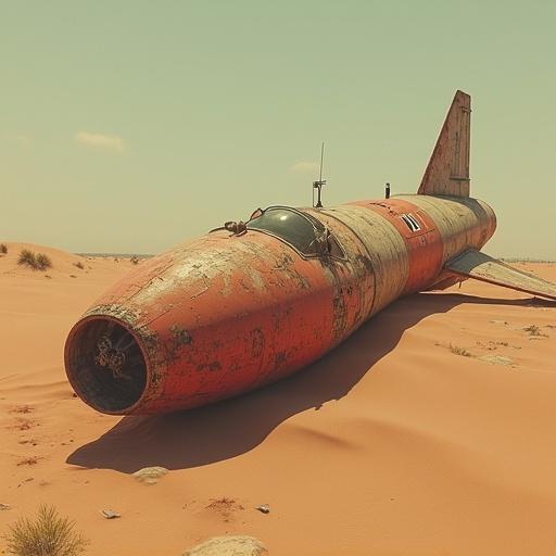Rusted rocket from the 1950s is lying in sand dunes. The scene is illustrated in digital art style reminiscent of Simon Stålenhag. The hull shows cracks and faded logos. Colors include faded reds and sandy browns with moody afternoon shadows.