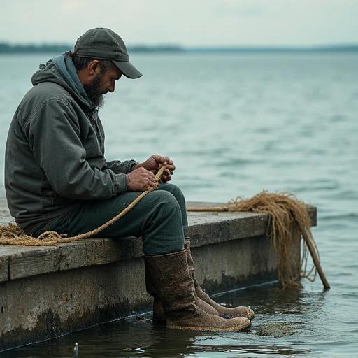 Fisherman sitting on weathered dock mending fishing nets. The lake gently ripples. Boots are caked with mud and fish scales.