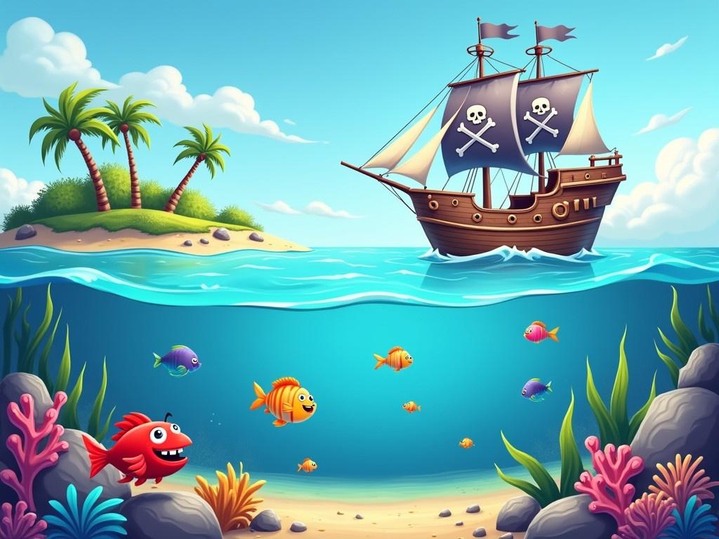 The image shows a vibrant underwater scene with a pirate ship sailing above. The ship has a skull on its sails, indicating its pirate theme. In the water, various colorful fish swim around with a playful atmosphere. There are coral reefs and sea plants, adding life to the underwater environment. A cute red crab can be seen on the seabed among the rocks, and a happy red fish smiles brightly. In the background, a lush green island with palm trees is visible, creating a tropical setting. The sky is blue with playful clouds, enhancing the cheerful mood of the scene.