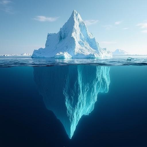 Massive iceberg visible above and below water's surface. Planet depicted as icy, displaying ice formations on top. Represents ice age conditions.