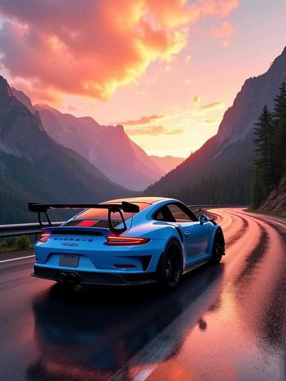 A hyper-realistic stock Porsche 911 GT3 RS in sky blue is driving along a winding mountain highway. The car features original factory styling including signature wide rear wing and Porsche badging. The road is wet from recent rain and reflects orange and pink hues of the sunset. Towering mountains line the valley with deep green forests. The sky has glowing clouds as the sun sets. Ultra-detailed 8K realism with cinematic lighting and motion blur on the road.