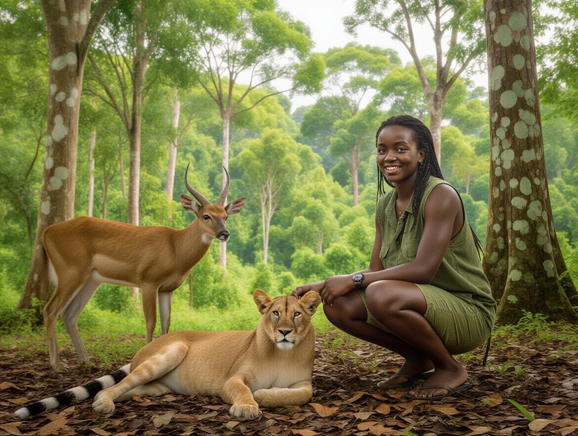 Young African woman in a lush jungle with a lioness and a deer