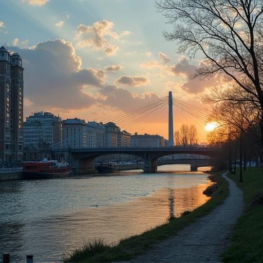 Landscape image depicting a sunset over river in Prague with city skyline and bridge visible