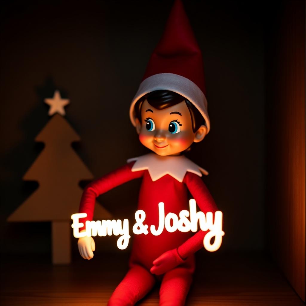 This image features an elf on the shelf character. The elf is dressed in traditional red and white attire. It holds a glow stick with the name 'Emmy & Joshy' illuminated in soft light. The dark background enhances the glow, creating a cozy atmosphere. This scene captures the magic of the holiday season in a delightful way.