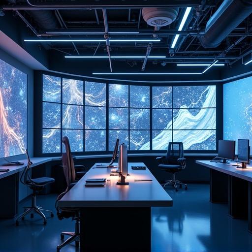 Futuristic workspace featuring multiple screens. Screens showcase abstract AI-generated digital art. The setting symbolizes creativity and automation in modern design.