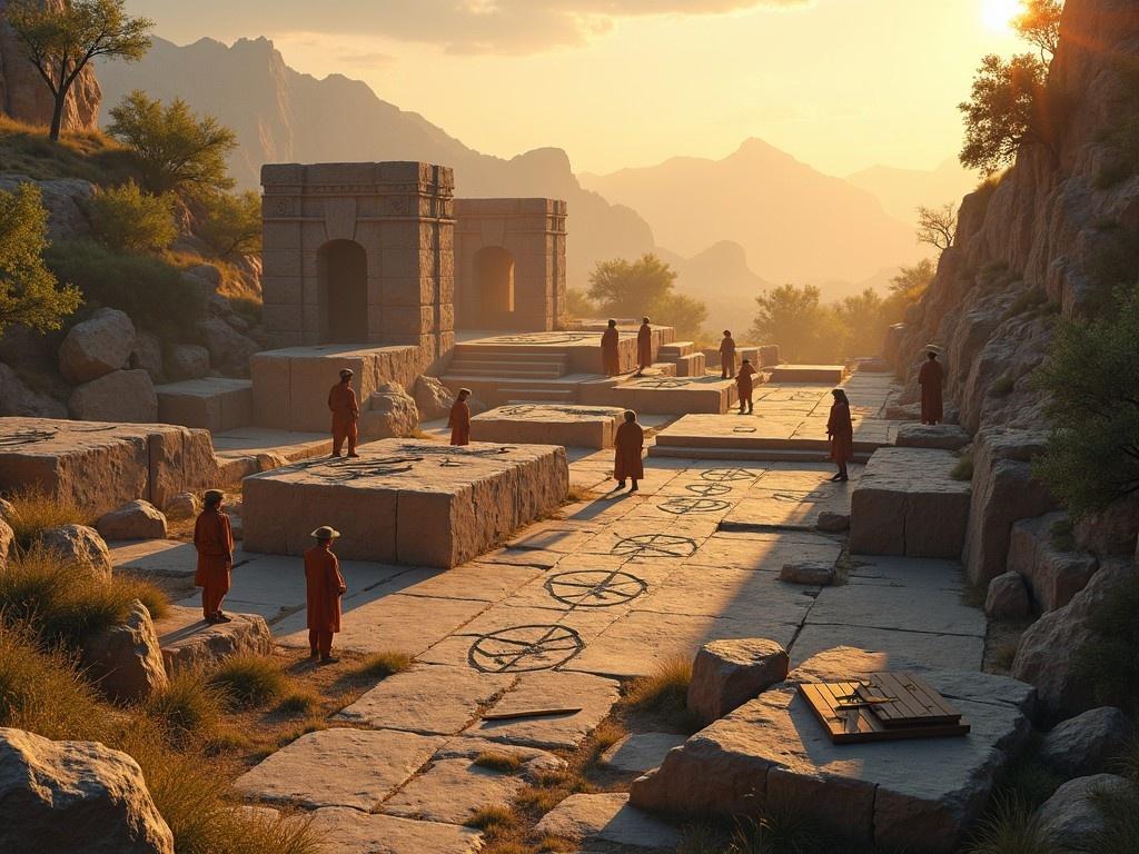 The image depicts an ancient monument under construction, showcasing how mathematics played a crucial role in its design. Figures dressed in traditional attire can be seen collaborating, possibly using mathematical tools to ensure precision. The setting sun casts warm light on the rocks and sculpted stone blocks, highlighting the craftsmanship. Surrounding mountains provide a breathtaking backdrop, enhancing the sense of grandeur. This scene embodies the intersection of art, science, and history, reflecting the ingenuity of ancient builders and their contextual landscape.