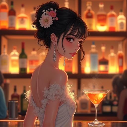 A semi-anime representation of a beautiful East Asian woman at a stylish bar. She wears a white off-shoulder dress featuring delicate floral patterns. Her hair is styled elegantly in an updo with flowers. In front of her is a glass with an orange-colored drink. The background displays softly lit shelves filled with alcohol bottles, contributing to a warm atmosphere. The scene is designed to be detailed and immersive with a cozy yet sophisticated feel.