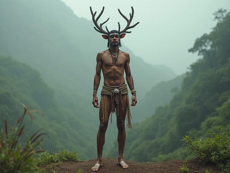 A male Maya dancer wears light deer antlers and body paint resembling deer limbs. The dancer assumes a soft grounded posture in a misty forest or mountain clearing. The image conveys a Maya spiritual context.