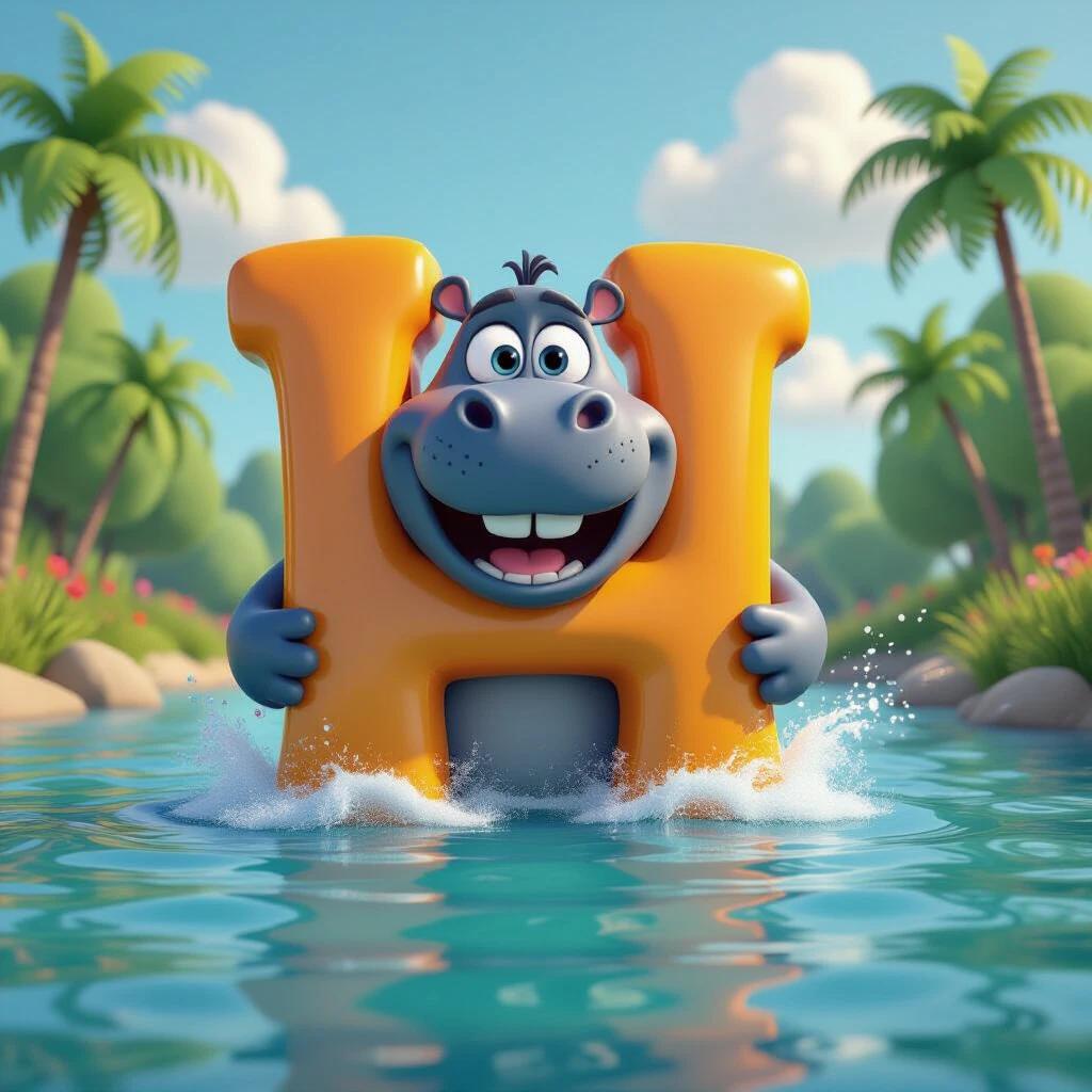 A happy hippopotamus character holding a bright orange letter H in a colorful river. The hippo has big cheerful eyes. The scene is animated in a Pixar 3D style with lush greenery and a sunny sky.
