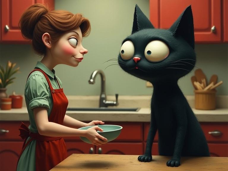 Surreal whimsical painting featuring a black cat with elongated forms and exaggerated proportions. Cat has large glossy eyes looking at a woman wearing an apron in a red kitchen. Soft blended textures create a muted dreamlike background. An eerie yet playful atmosphere with subtle shading and delicate highlights. Painterly brushstrokes enhance visual appeal.