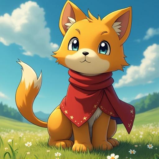 Demi-human fox character in anime style inspired by Ni No Kuni. Character has bright orange fur with a cute expression. Wearing a red scarf. Set in a vivid fantasy landscape with green grass and blue skies.