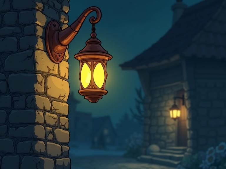 A cartoon scene featuring an old copper lamp hanging on a stone wall. The lamp glows softly in a dark setting. Another old copper lamp on the stone wall is unlit.