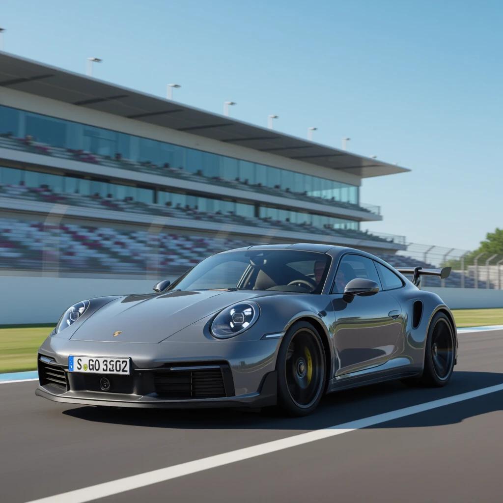 Porsche 911 on a racetrack at high speed. The car is sleek and modern with a dynamic aesthetic. Background shows a racetrack and stands.
