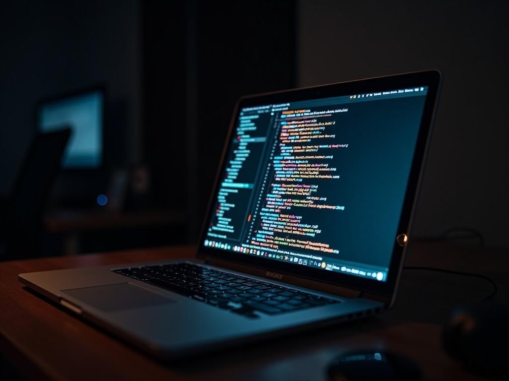 The image shows a laptop placed on a dark wooden table. It displays colorful programming code on its screen, which is illuminated by a subtle light in the background. The environment is dimly lit, emphasizing the glow of the code. The laptop is angled to give a clear view of its screen and keyboard. The overall atmosphere suggests a focus on coding and technology in a cozy workspace.