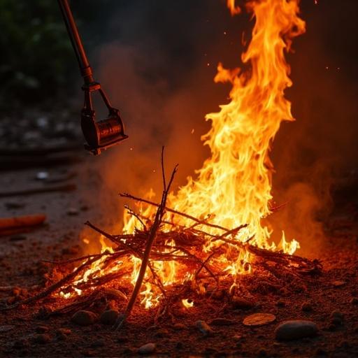 Copper material is being burned in a fire. Flames are prominent in the scene. The focus is on burning copper with fiery colors.