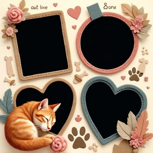 Square-format collage themed around pets. Four empty black-background frames with cozy shapes. The largest frame looks like a sleeping cat, positioned near the center-left. A dog ear tag frame overlaps lower right, angled upward. A rounded bird wing frame is behind the cat frame in the top right. A paw-print frame is in the top left corner, slightly overlapping the cat. Surrounding frames are pet-themed elements like bones, hearts, paw prints. Phrases like 'Paws & Whiskers' are written around the collage, enhancing love for pets.