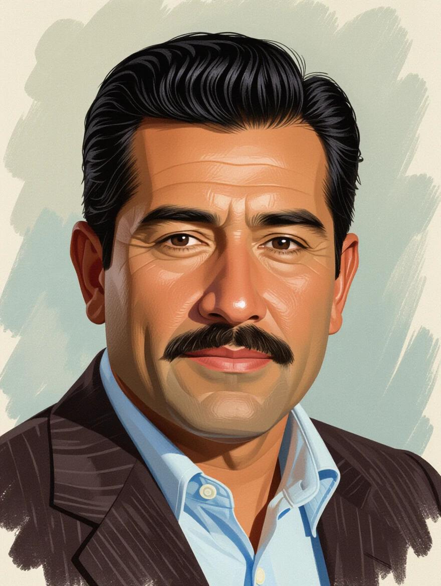 Half-length portrait of a 40-year-old man with a mustache. He has a focused expression and wears a dark suit over a light blue shirt. The background is light-colored and textured.